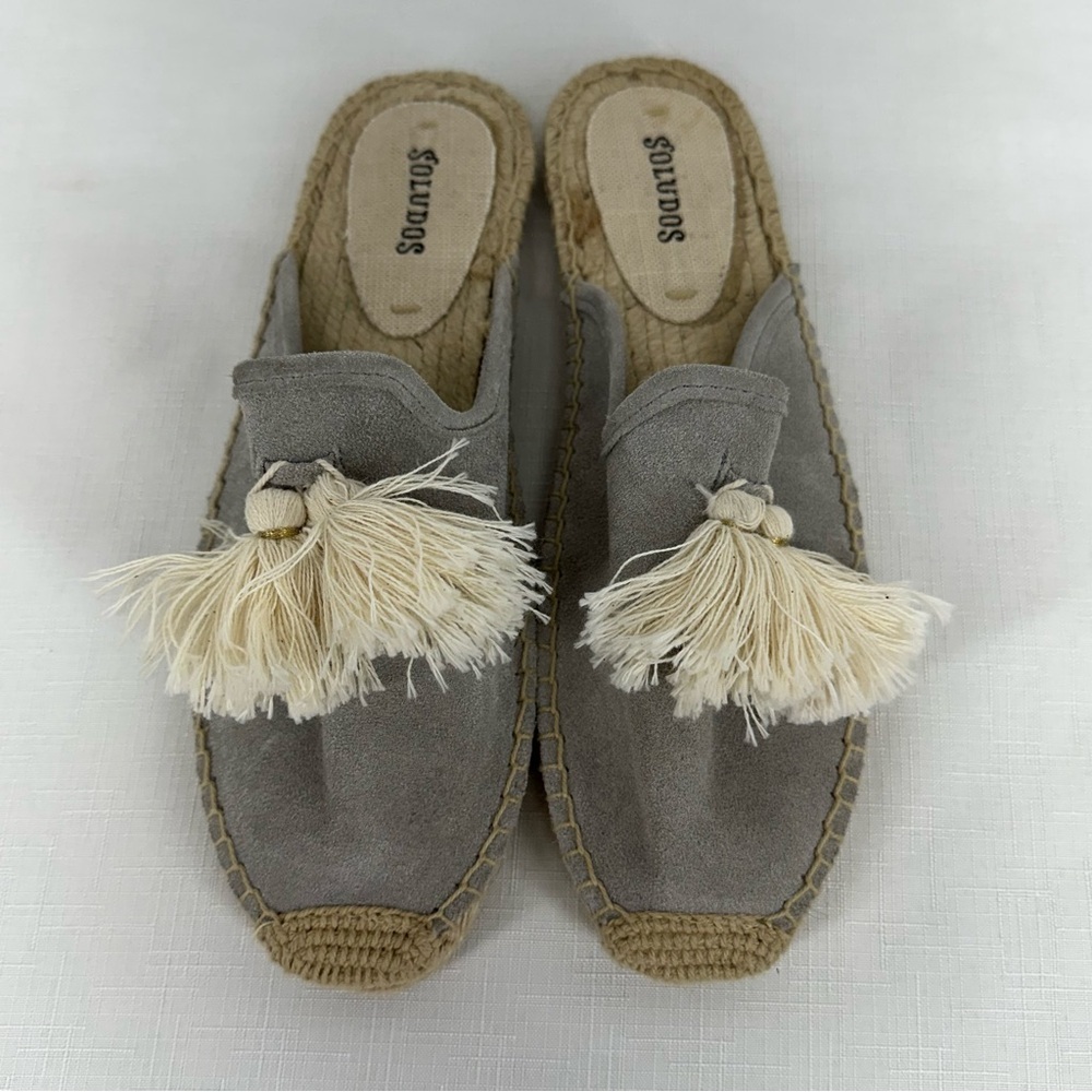 Soludos Women’s Size 7.5 Gray Suede Tassel Espadrille Mules Shoes NWOT box read